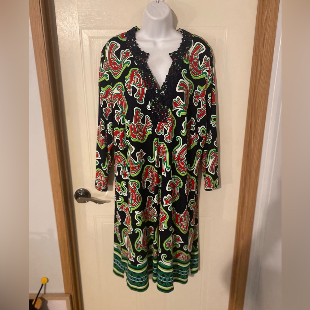 Crown & Ivy 2X Elephant Print Shift Dress Boho Crochet Lace Preppy Coastal